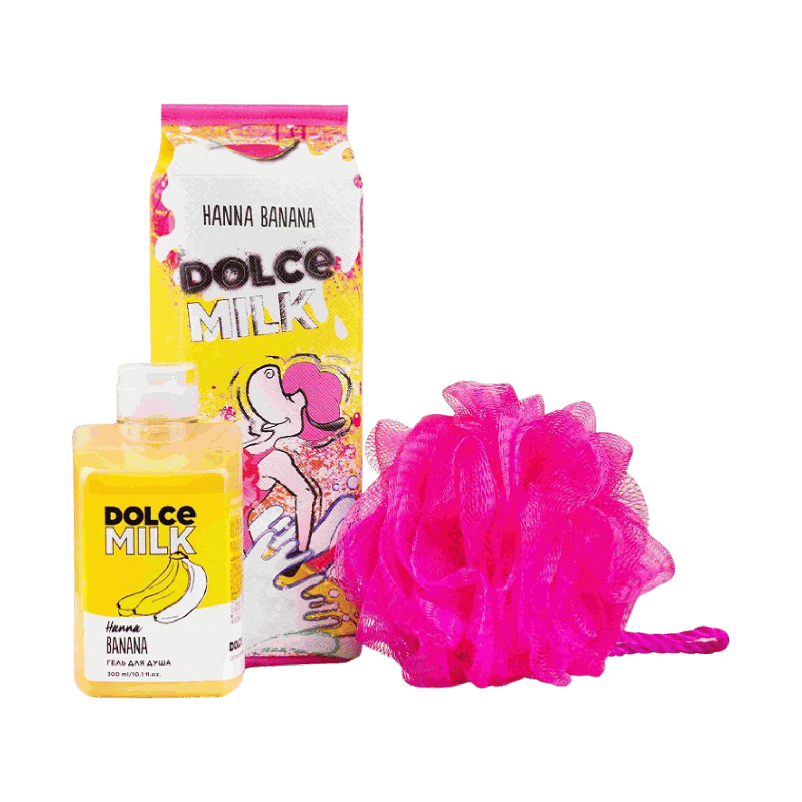 DOLCE MILK Body Care Gift Set 324 – Banana Shower Gel + Sponge + Cosmetic Bag (300 ml + 1 pc)